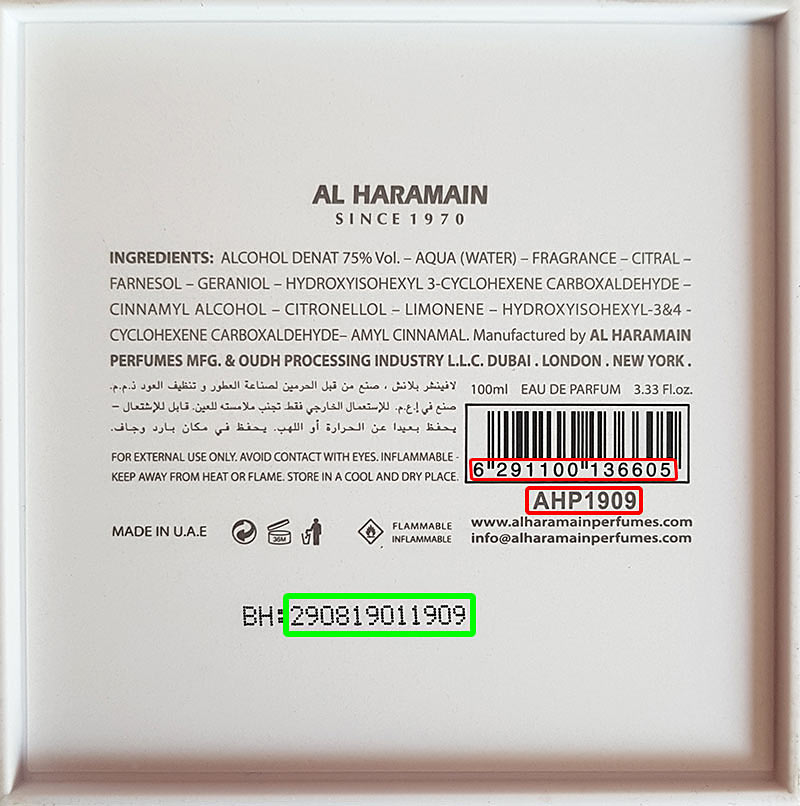 Al Haramain Perfumes batch code