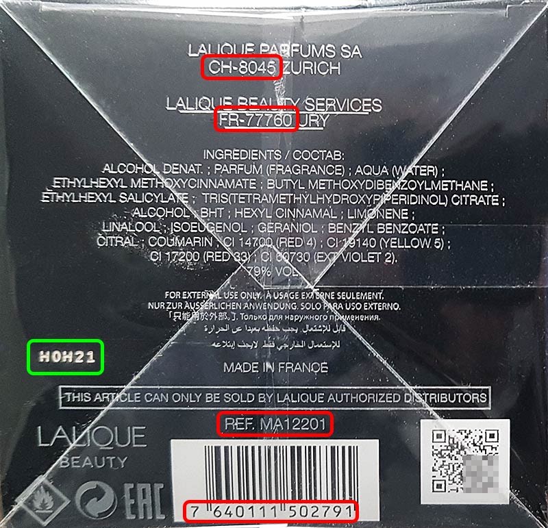 Lalique Beauty / Art & Fragrance Parfums batch code