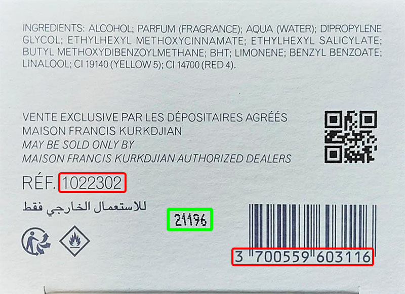 Código de lote de Parfum Francis Kurkdjian SAS