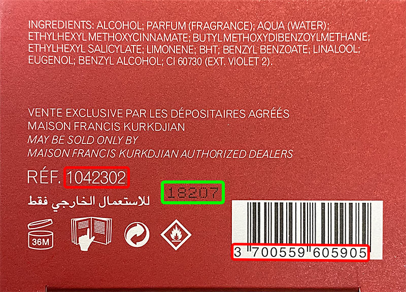 Código de lote de Parfum Francis Kurkdjian SAS