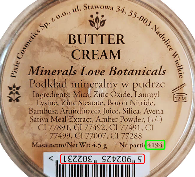 Código de lote Pixie Cosmetics sp. z o.o.